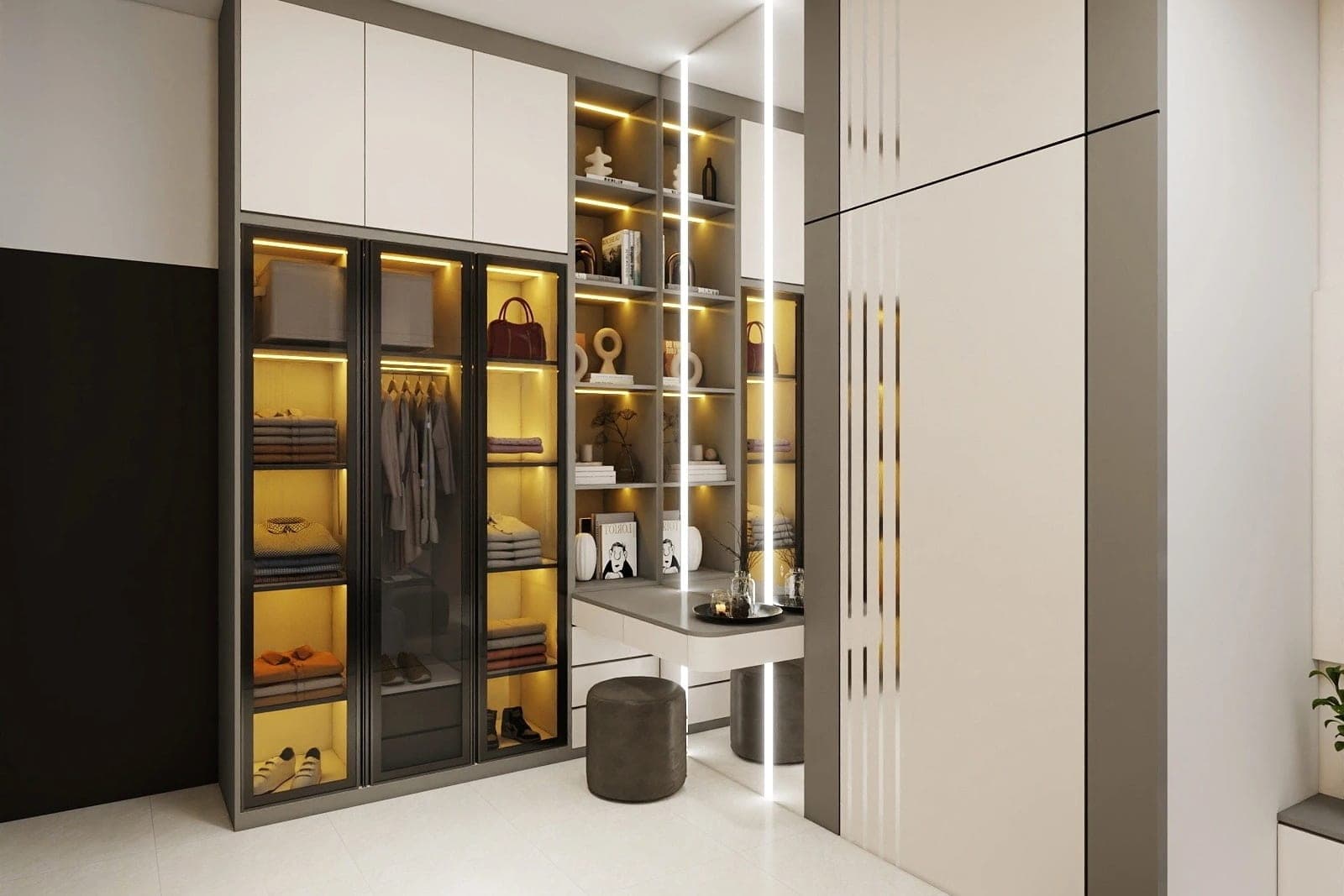 A lit wardrobe and dressing table, an apartment interior rendered in 3D by Aeterna Works