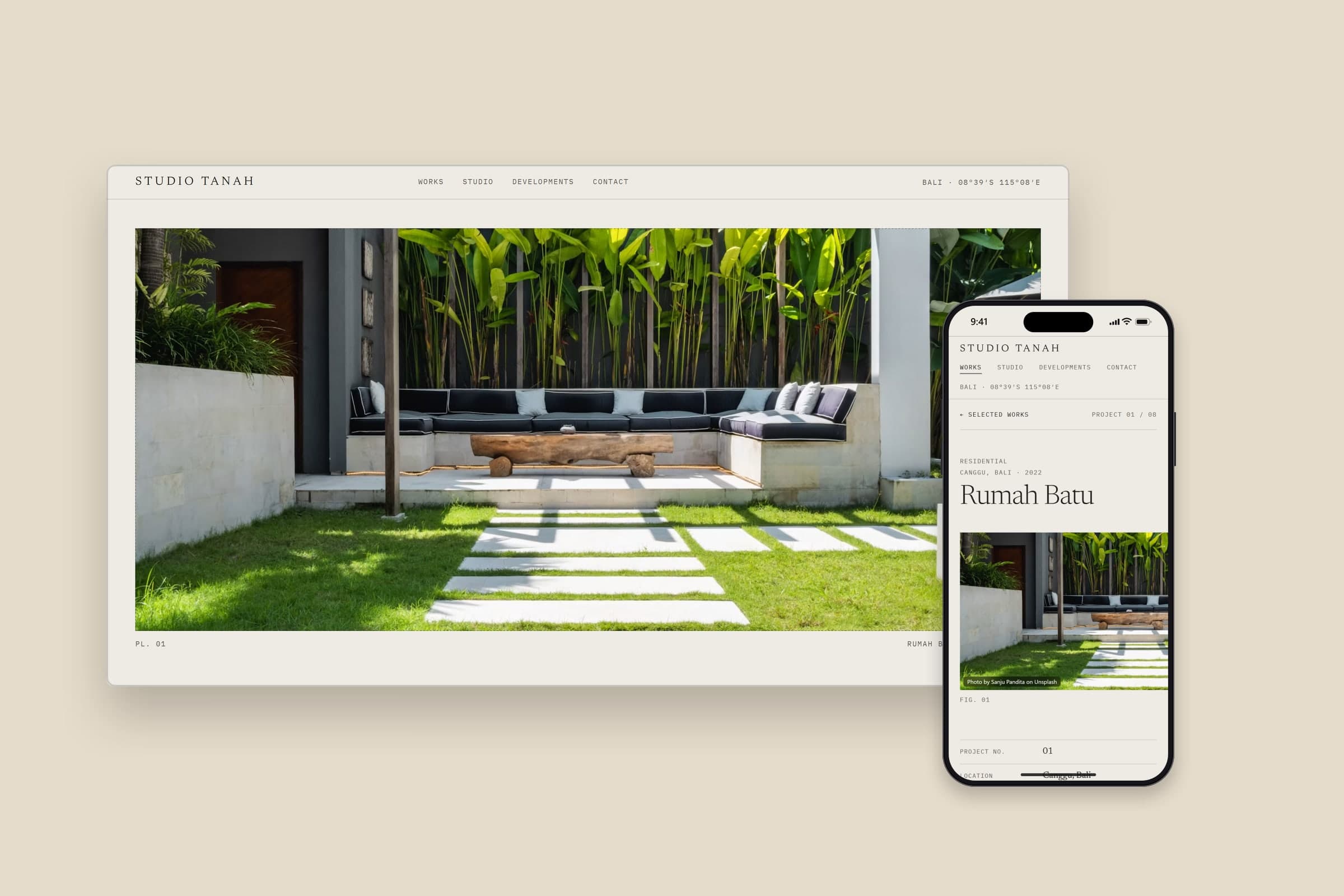 The Studio Tanah website by Aeterna Works, on desktop and phone