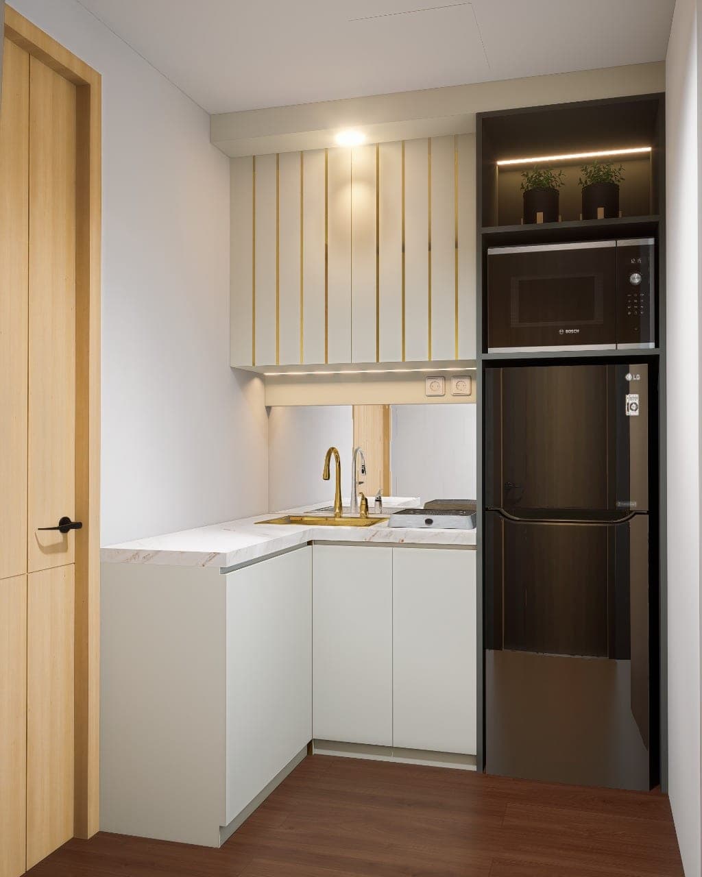 Apartment Interiors, kitchenette with a full-height fridge