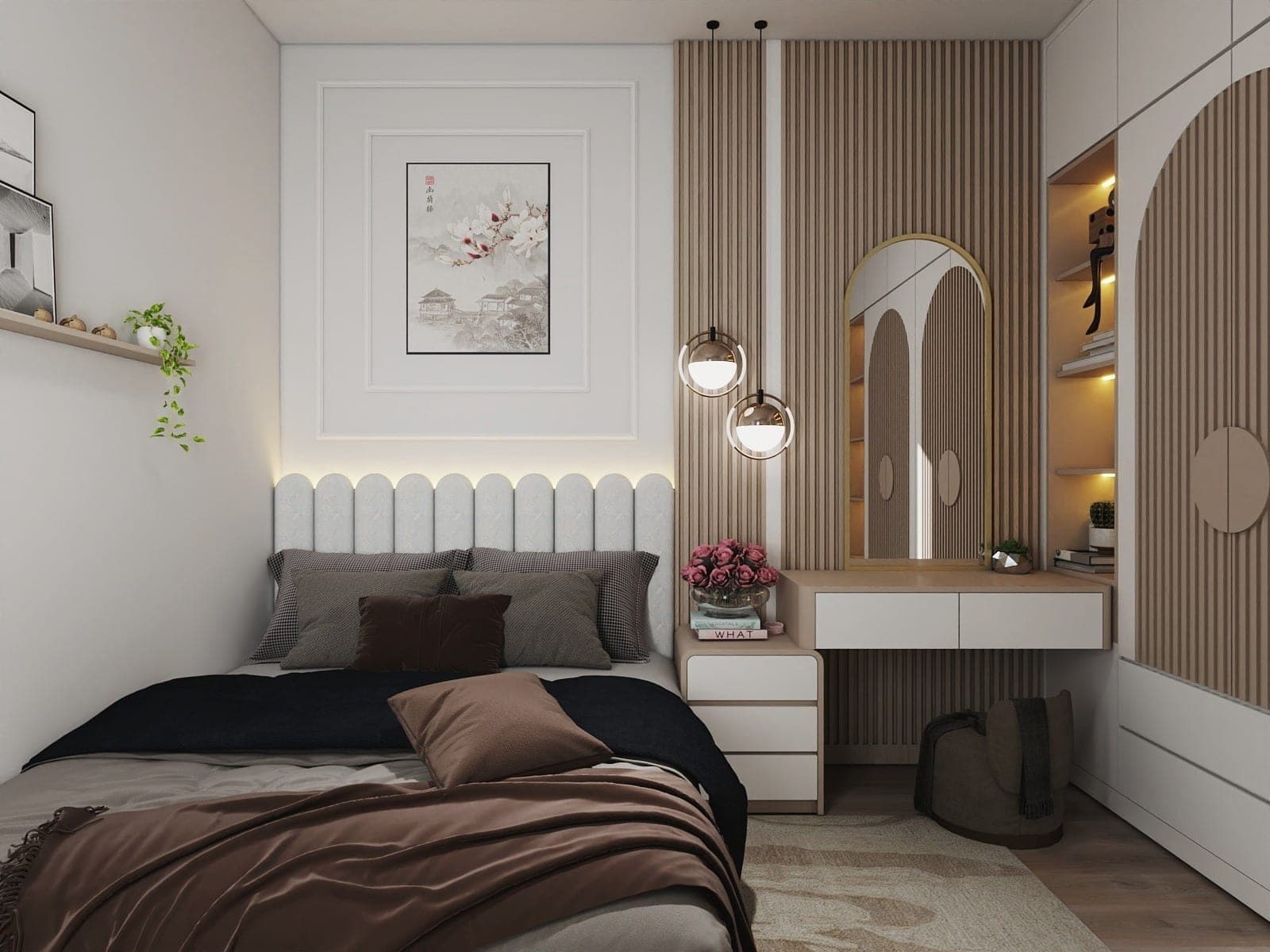 Apartment Interiors, bedroom with an arched mirror and pendant lights