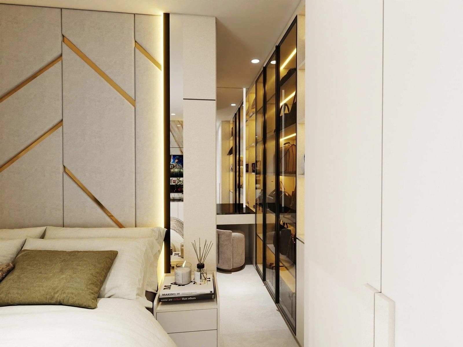 Apartment Interiors, headboard wall and glass wardrobe, detail