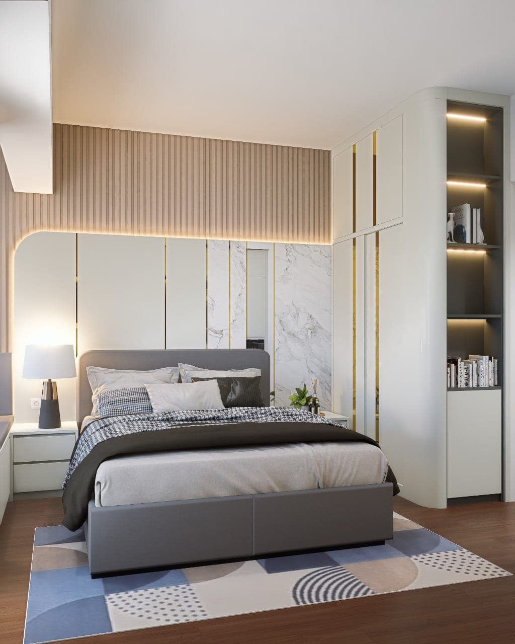 Apartment Interiors, bedroom with a timber slat headboard