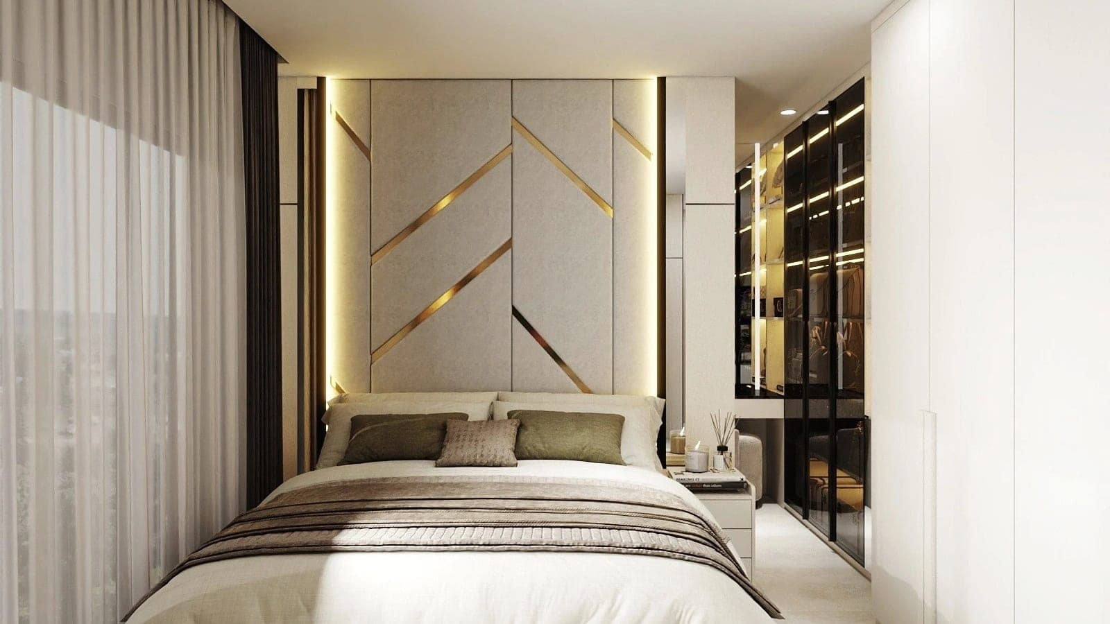 Apartment Interiors, bedroom with a padded headboard wall and gold inlay