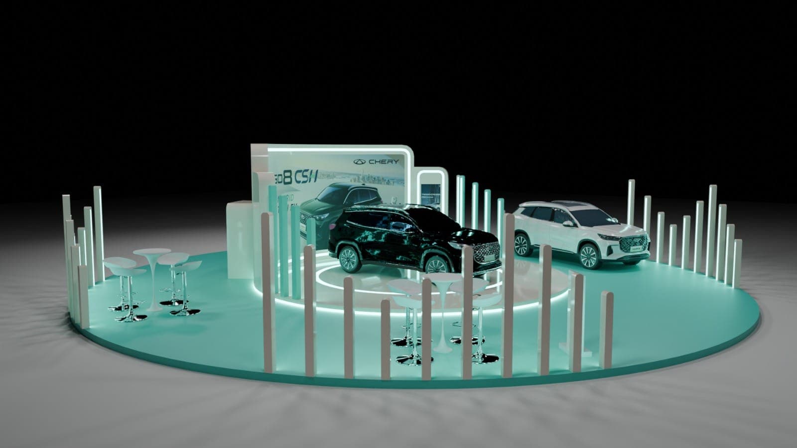 Chery Tiggo 8 CSH Booth, three quarter view with both cars