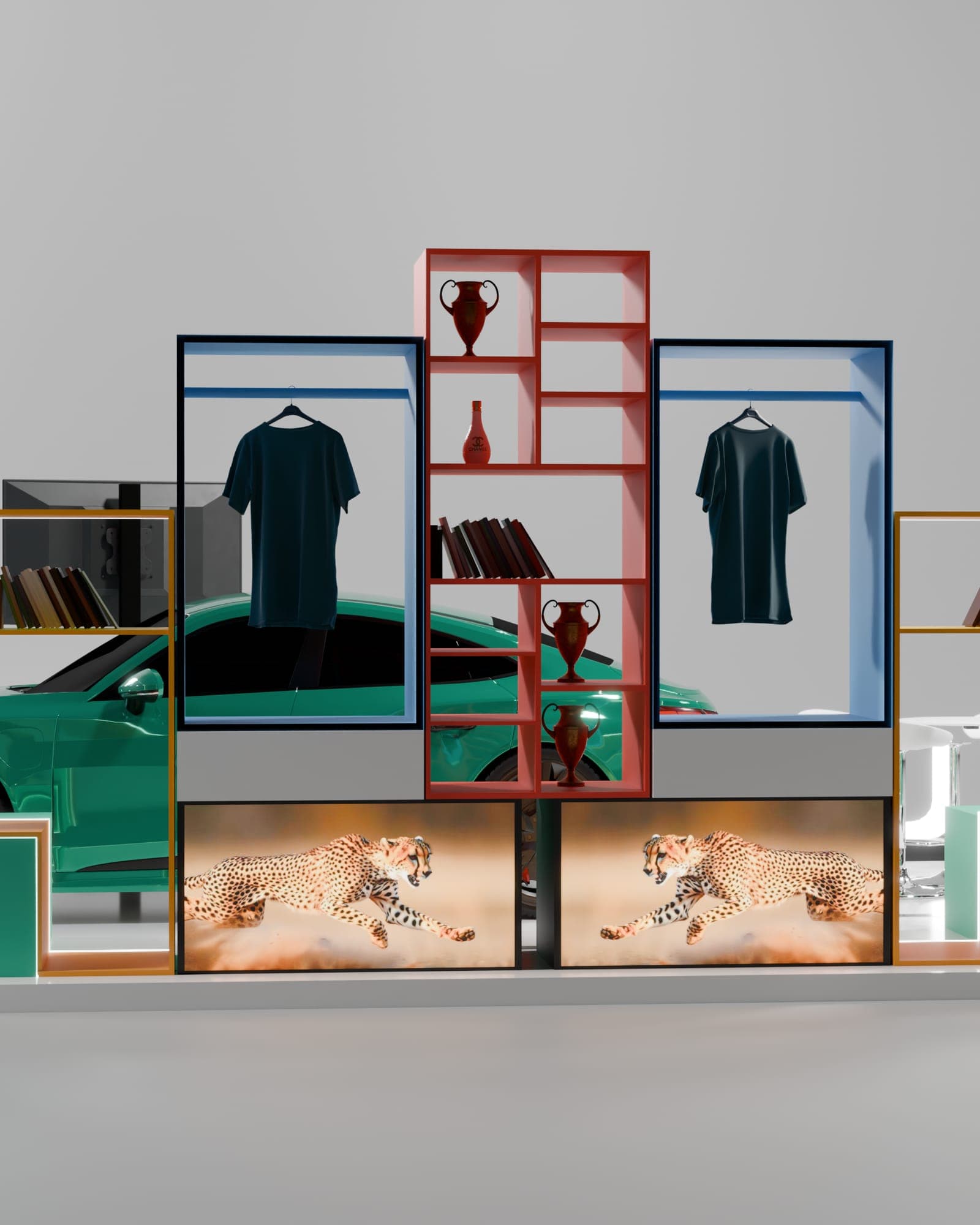 Lepas Booth, merchandise wall with lit display drawers
