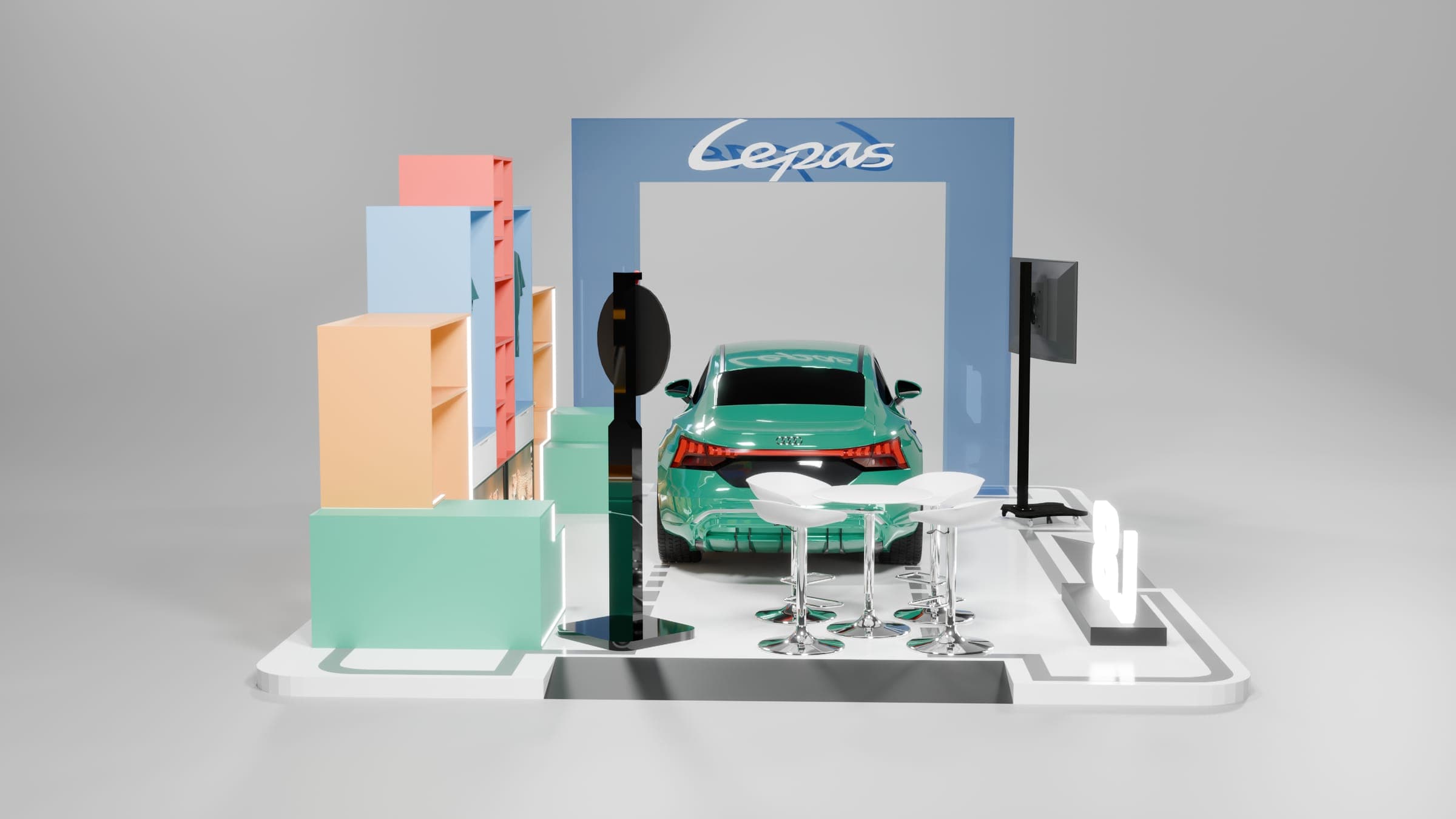 Lepas Booth, rear corner with bar tables