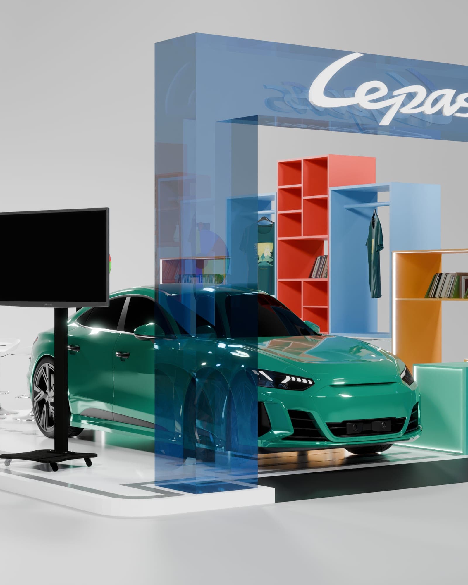 Lepas Booth, booth from the aisle, the blue gate and the car