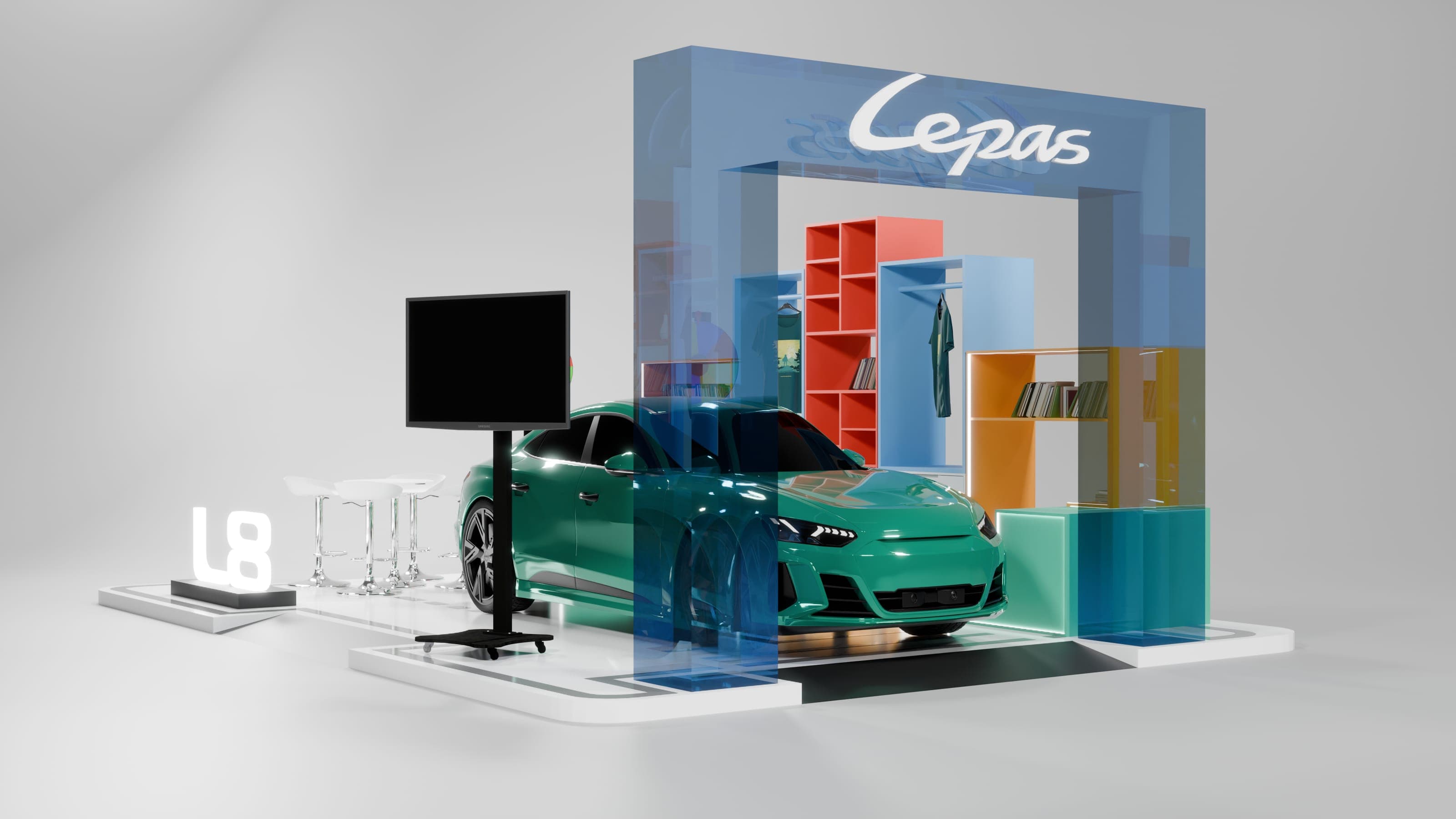 Lepas Booth, booth from the aisle, the blue gate and the car