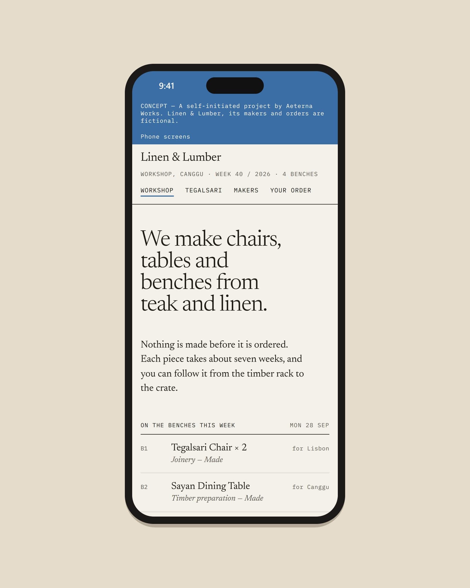 Linen & Lumber, home page on a phone