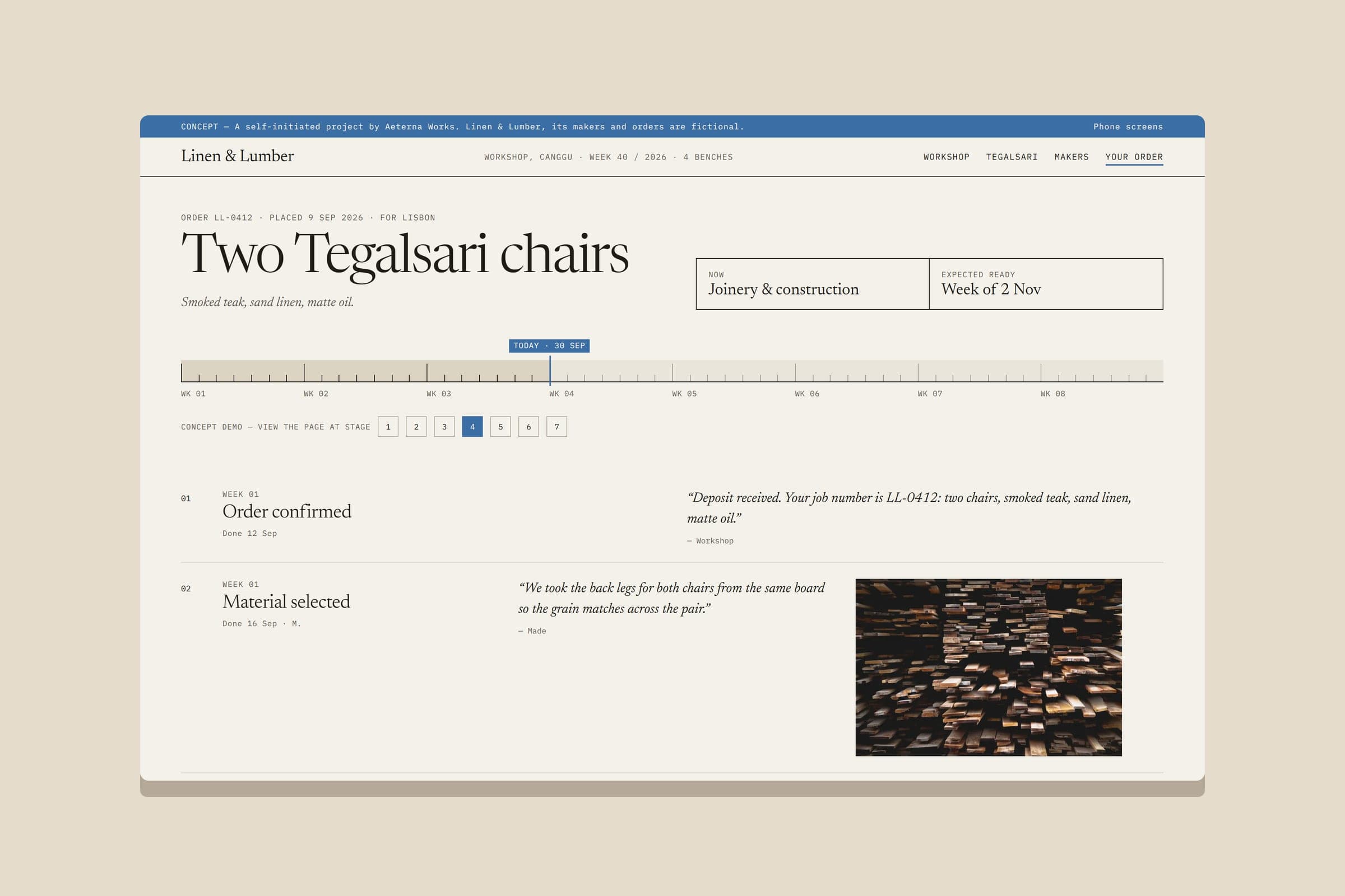 Linen & Lumber, example order, the build timeline