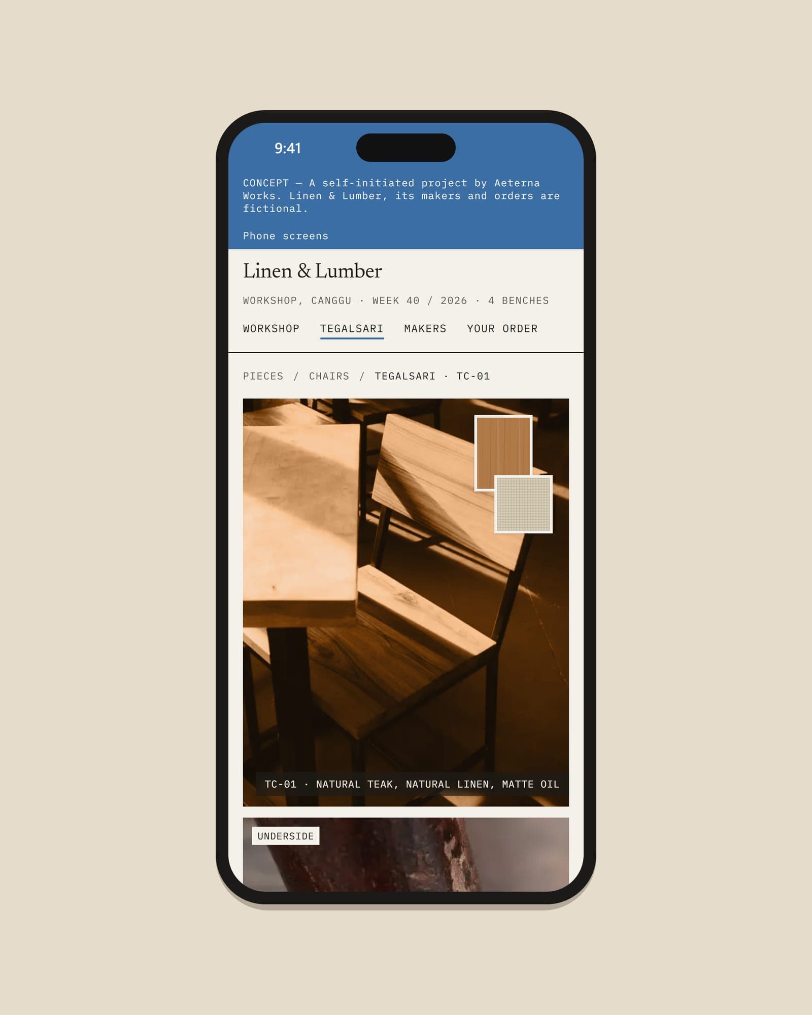 Linen & Lumber, tegalsari chair page on a phone