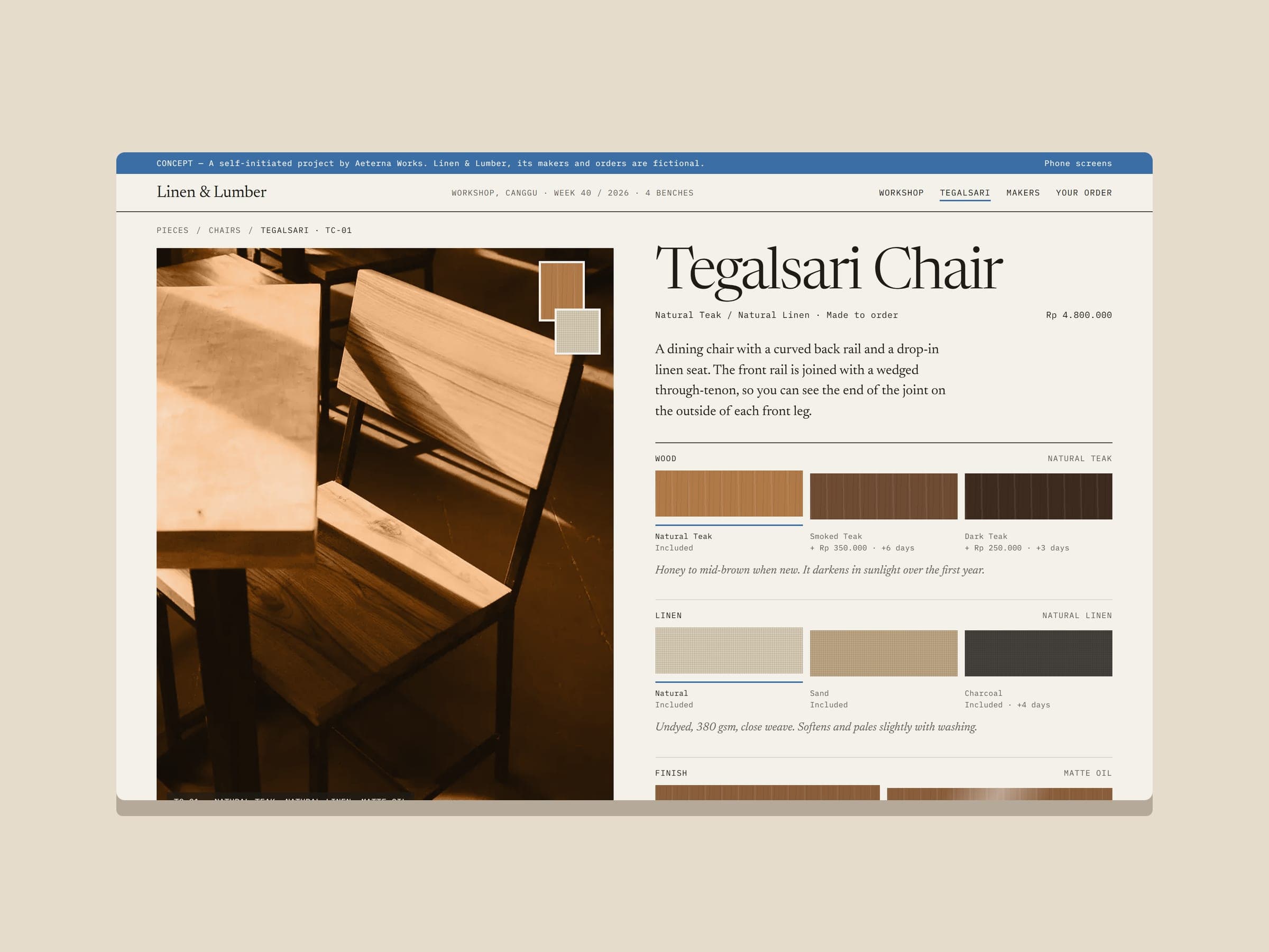 Linen & Lumber, configurator, teak, linen and finish