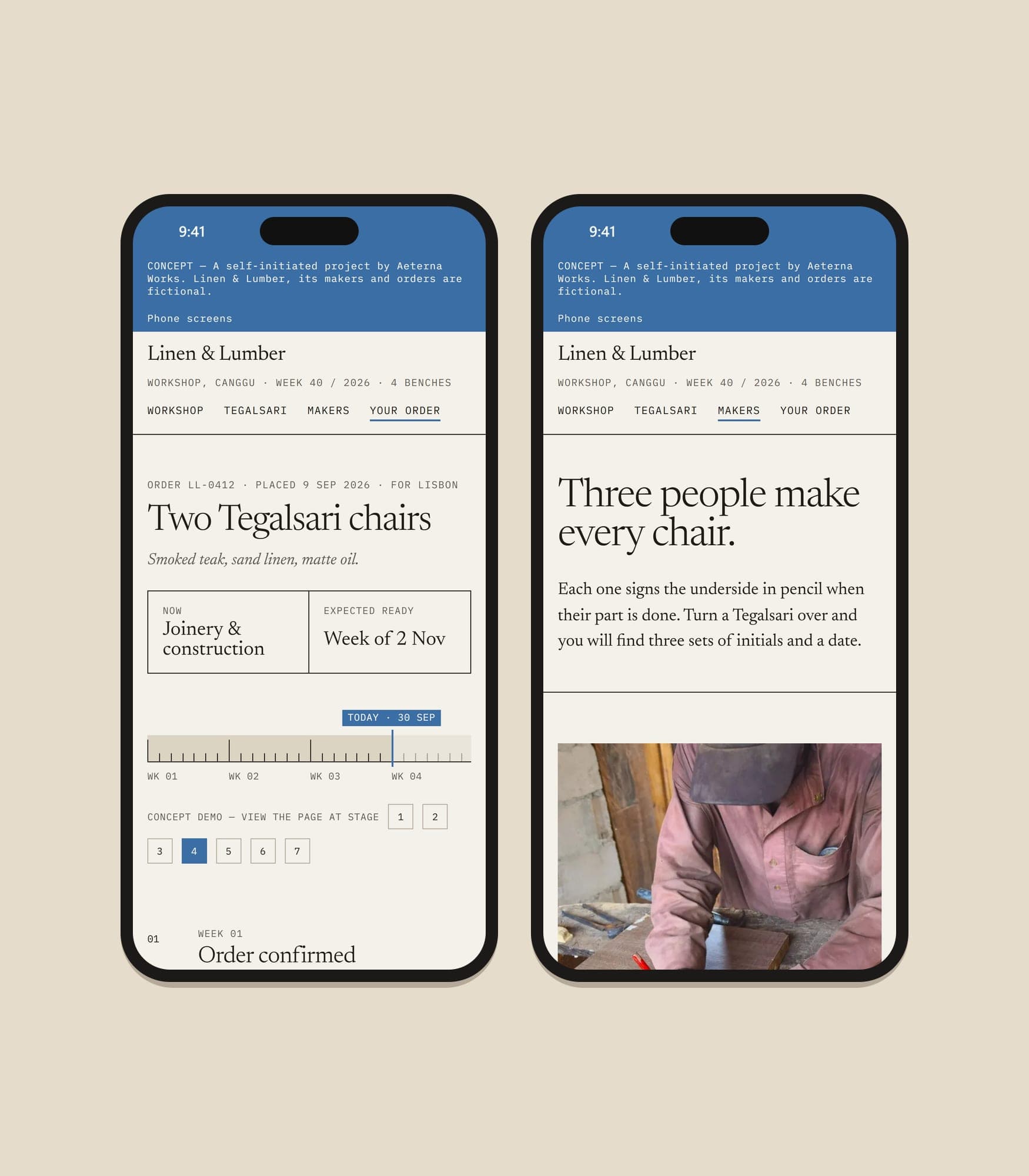 Linen & Lumber, order and makers pages on a phone