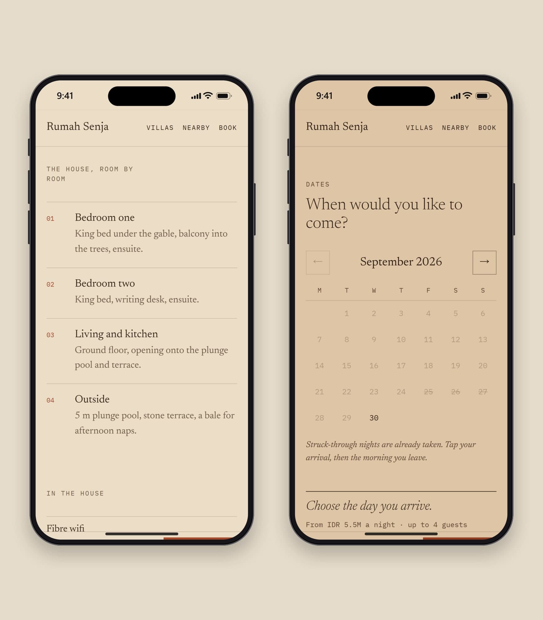 Rumah Senja, room by room and the date picker on a phone