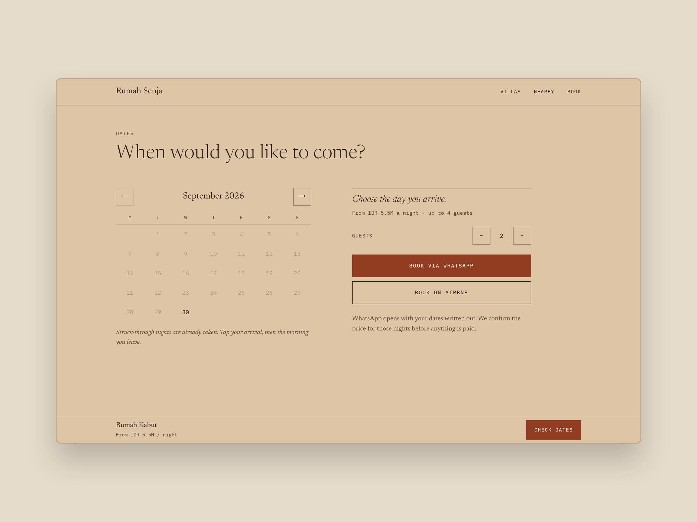 Rumah Senja, date picker with taken nights