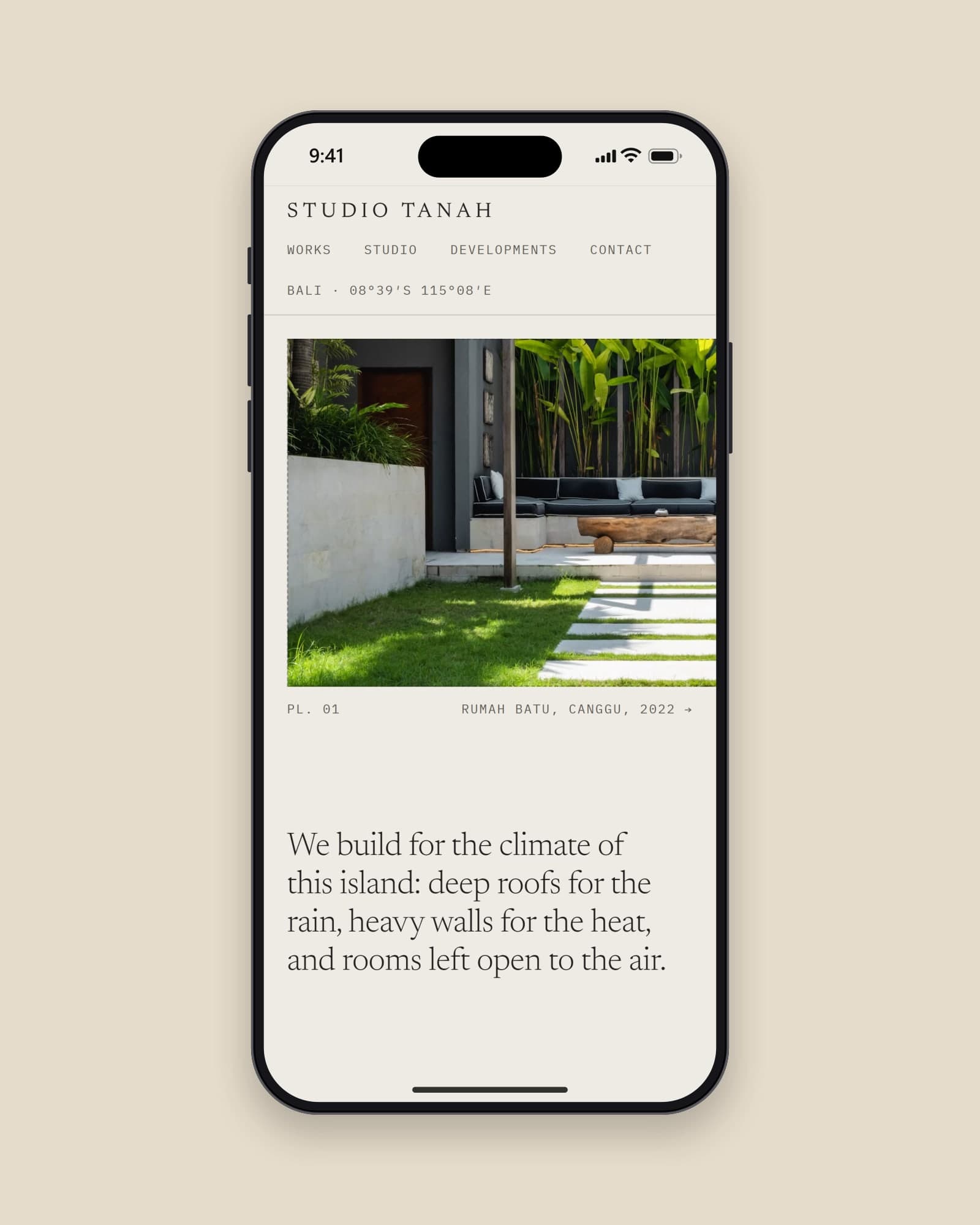 Studio Tanah, home page on a phone
