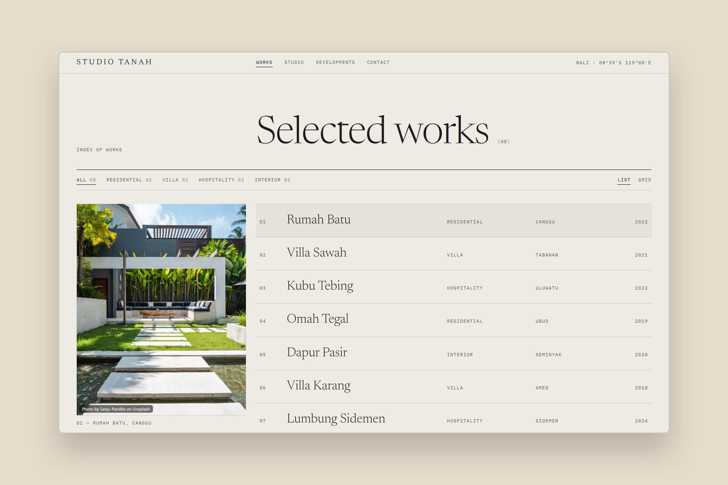 Studio Tanah, index of works, list view