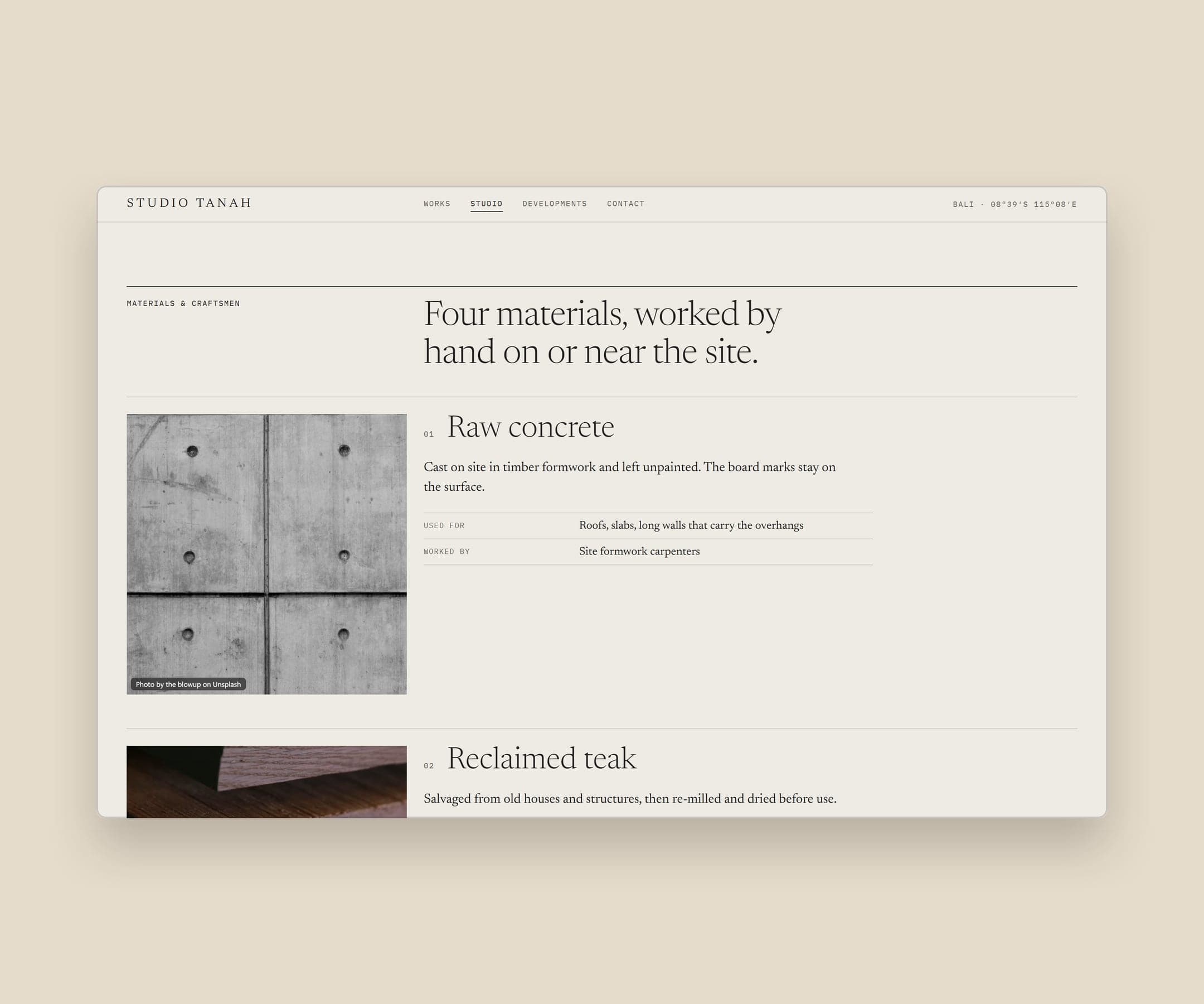 Studio Tanah, materials and craftsmen on the studio page
