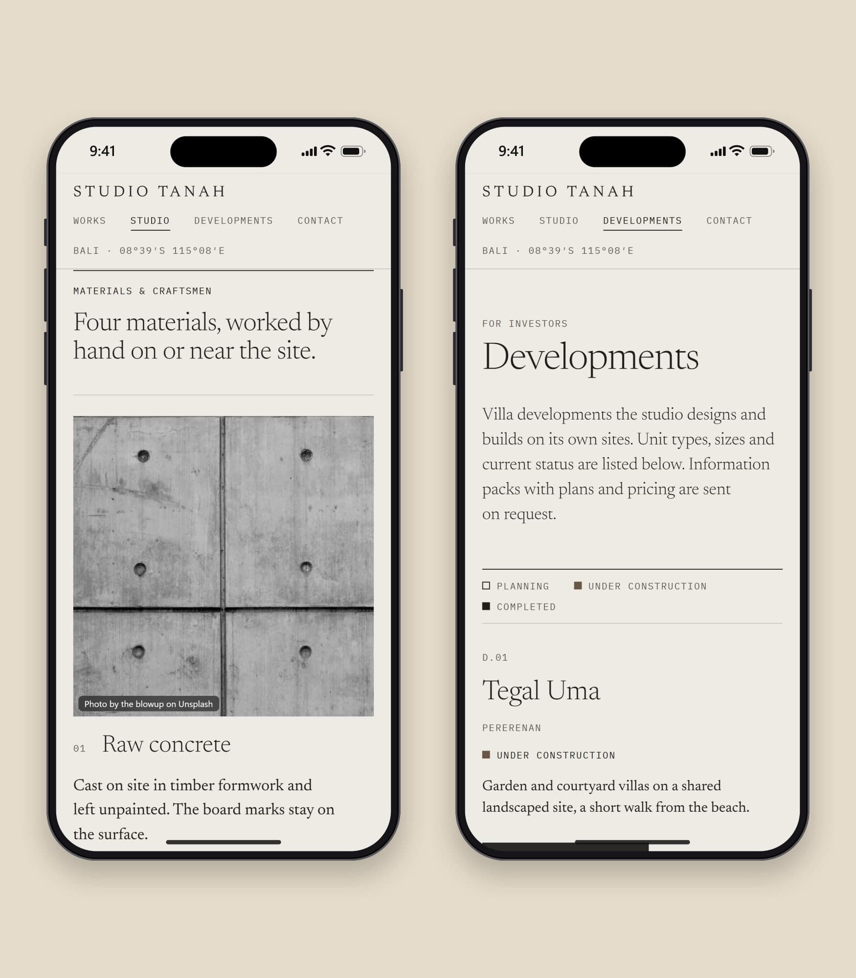 Studio Tanah, studio and Developments pages on a phone